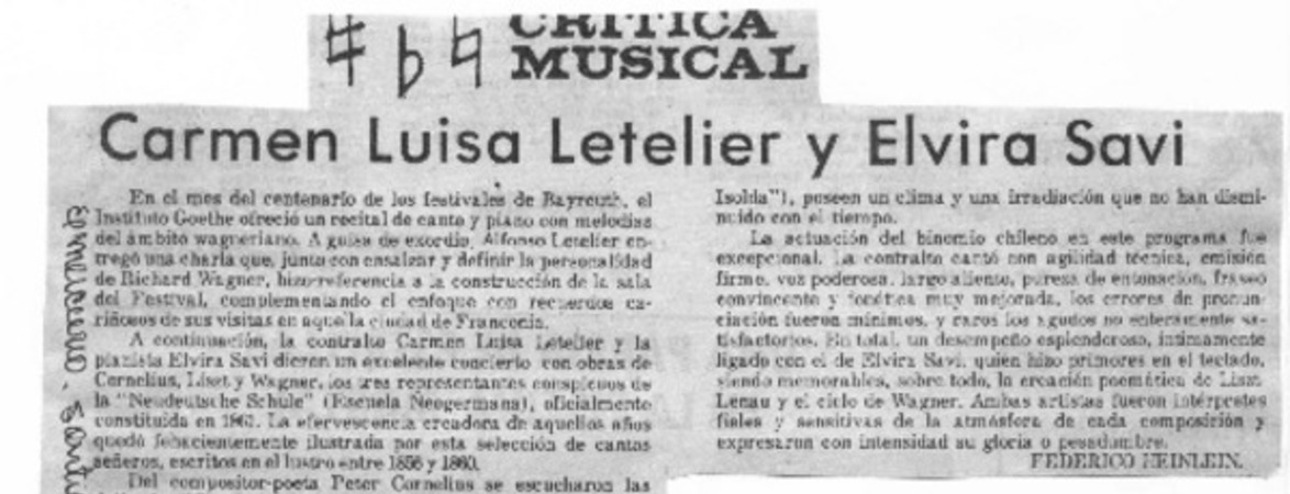 Carmen Luisa Letelier y Elvira Savi Crítica musical