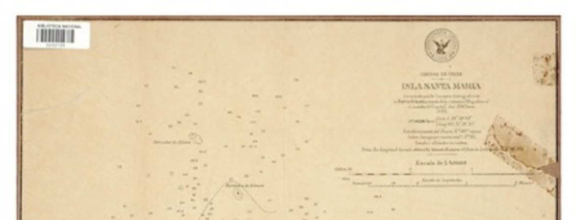 Isla Santa María costas de Chile [material cartográfico] : levantado por la Comisión Hidrográfica de la Bahía Arauco, a bordo de la cañonera "Magallanes" al mando del Cap. de C. don A. Wilson.