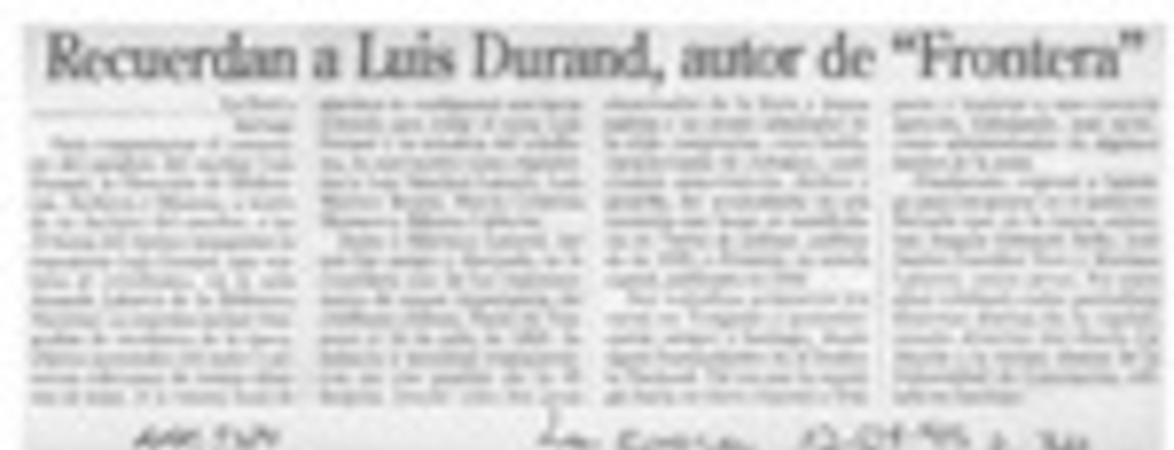 Recuerdan a Luis Durand, autor de "Frontera"  [artículo].