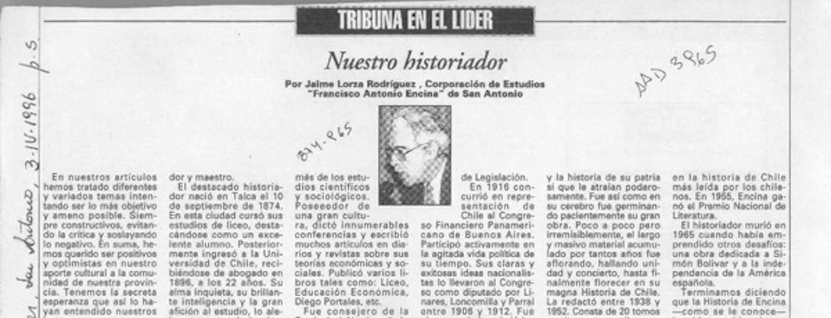 Nuestro historiador  [artículo] Jaime Lorza Rodríguez.