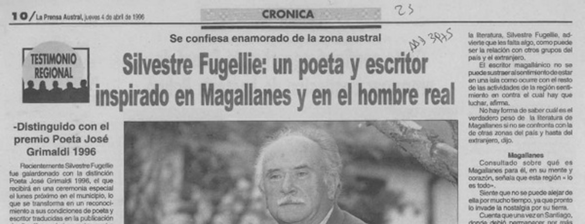 Silvestre Fugellie, un poeta y escritor inspirado en Magallanes y en el hombre real  [artículo].