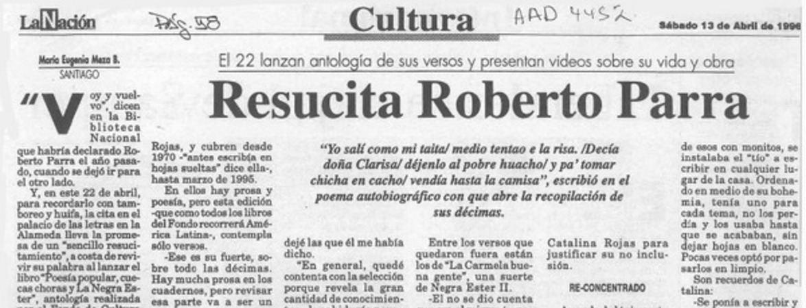 Resucita Roberto Parra  [artículo] María Eugenia Meza B.