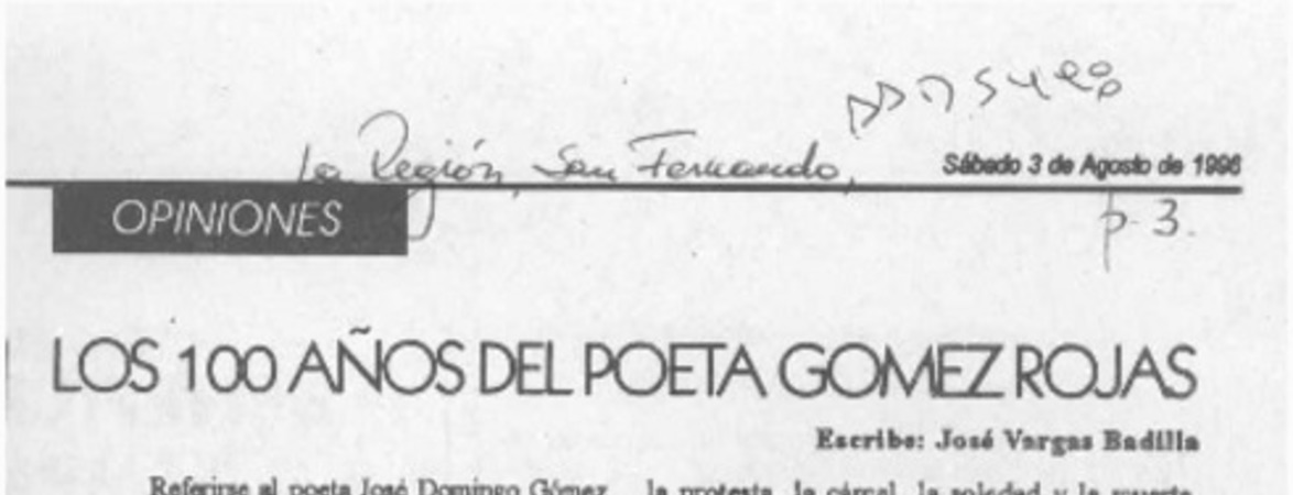 Los 100 años del poeta Gómez Rojas  [artículo] José Vargas Badilla.
