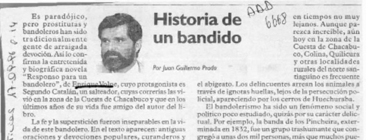 Historia de un bandido  [artículo] Juan Guillermo Prado.