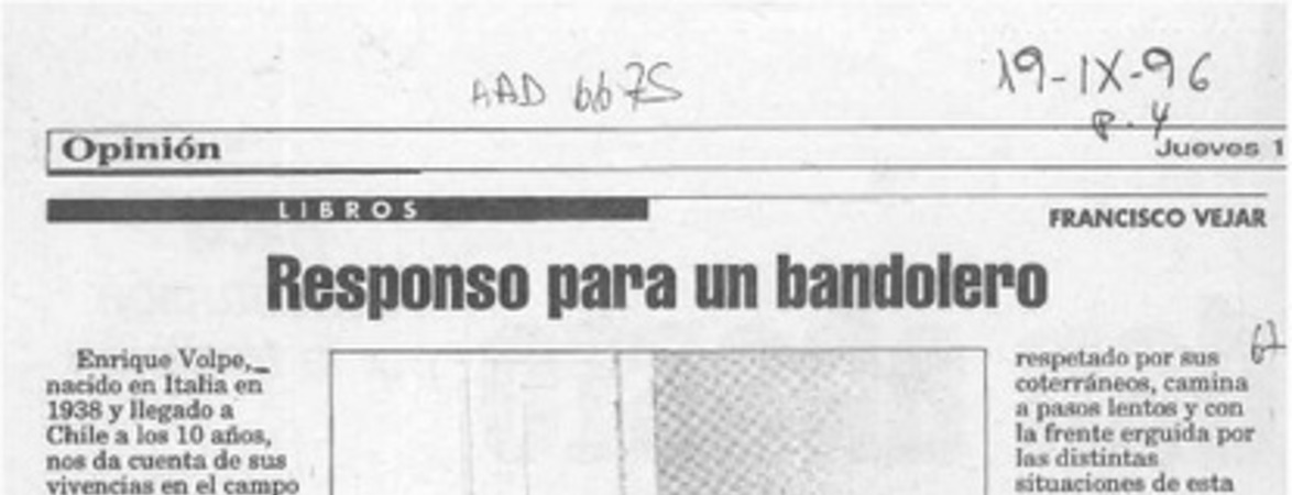 Responso para un bandolero  [artículo] Francisco Véjar.