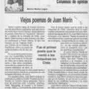 Viejos poemas de Juan Marín  [artículo] Marino Muñoz Lagos.