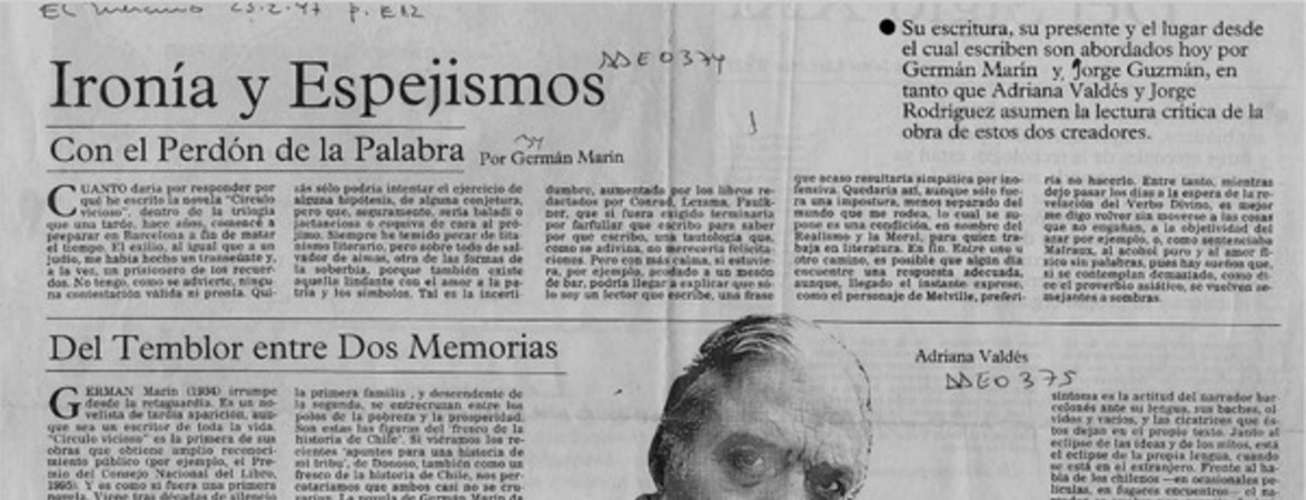 Ironía y espejismos  [artículo] Germán Marín.