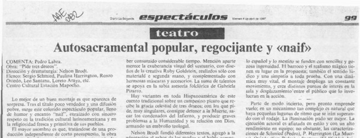 Autosacramental popular, regocijante y "naif"  [artículo] Pedro Labra.