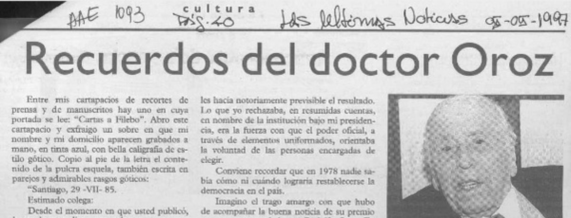 Recuerdos del doctor Oroz  [artículo] Filebo.