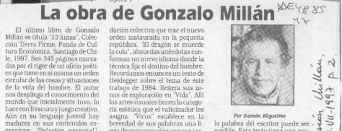 La obra de Gonzalo Millán  [artículo] Ramón Riquelme.