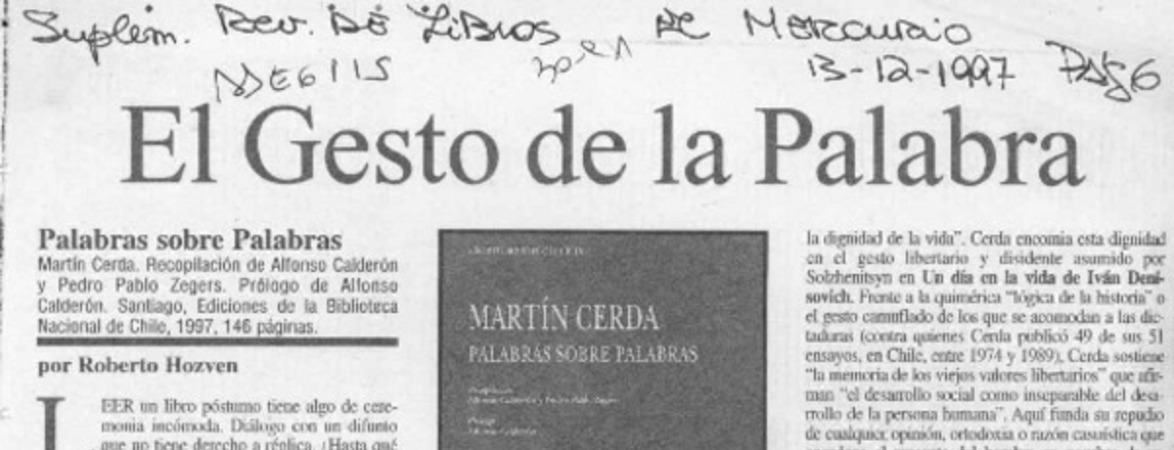 El gesto de la palabra  [artículo] Roberto Hozven.