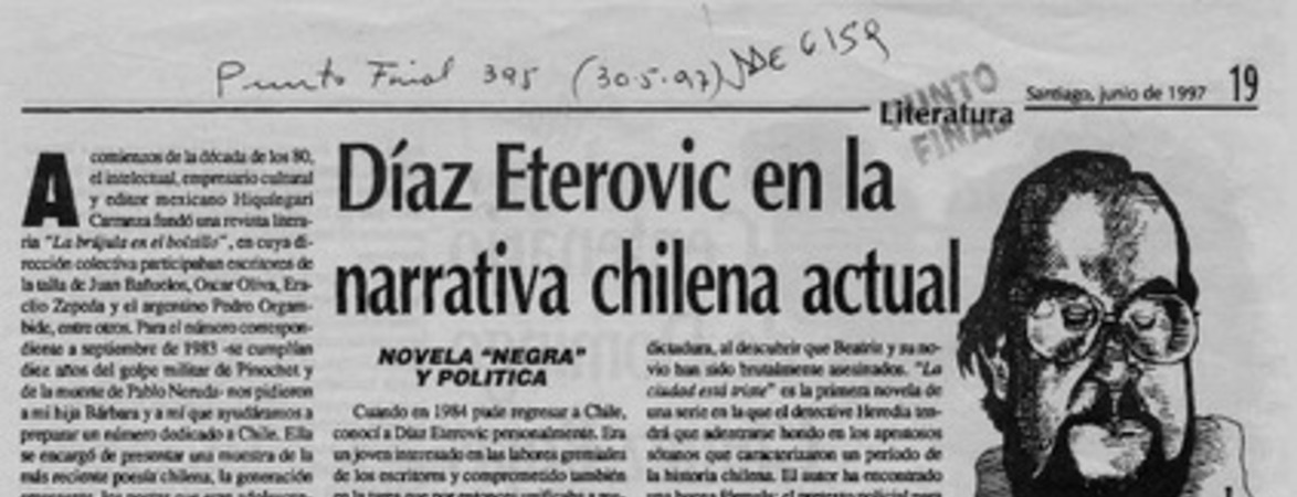 Díaz Eterovic en la narrativa chilena actual  [artículo] Poli Délano.