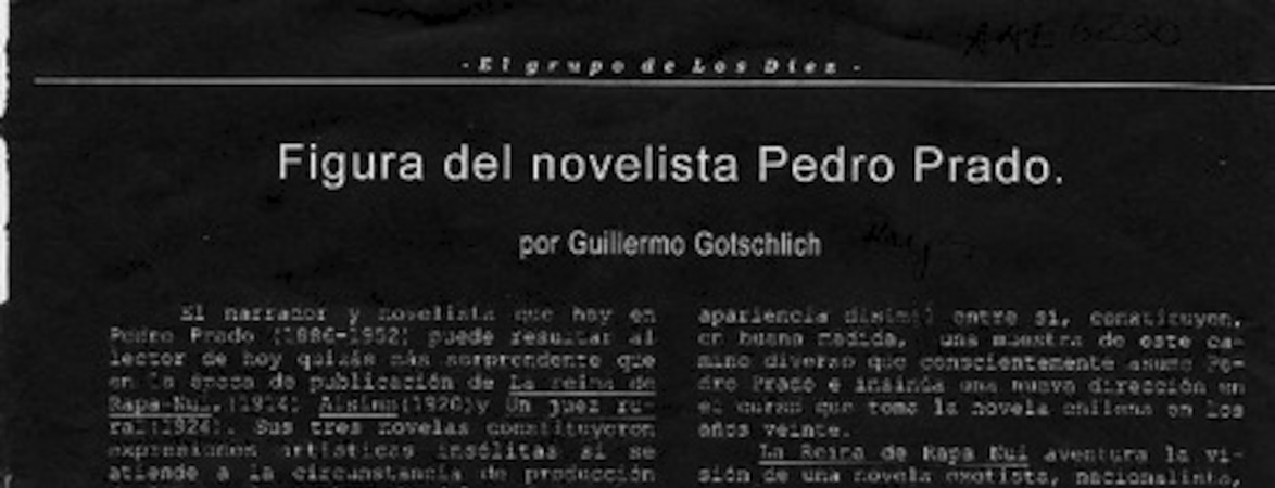Figura del novelista Pedro Prado  [artículo] Guillermo Gotschlich.