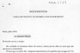 Carta de Vicente Huidobro a Salvador Reyes