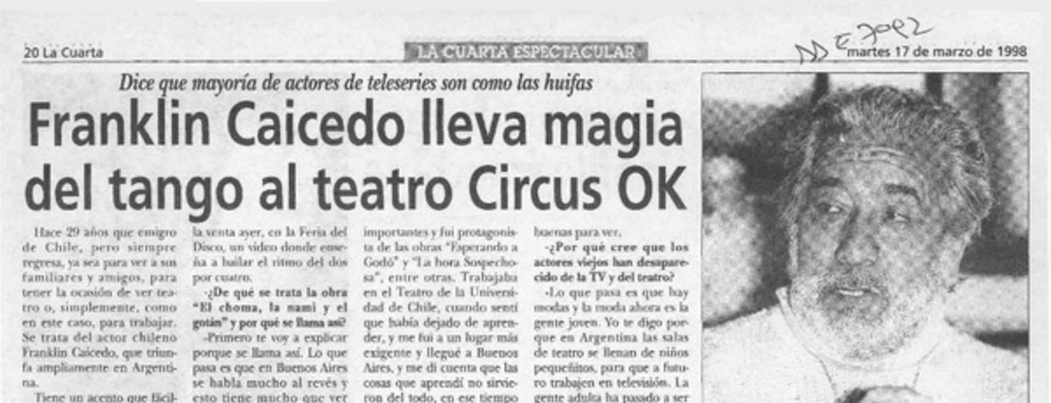 Franklin Caicedo lleva magia del tango al teatro Circus OK  [artículo].