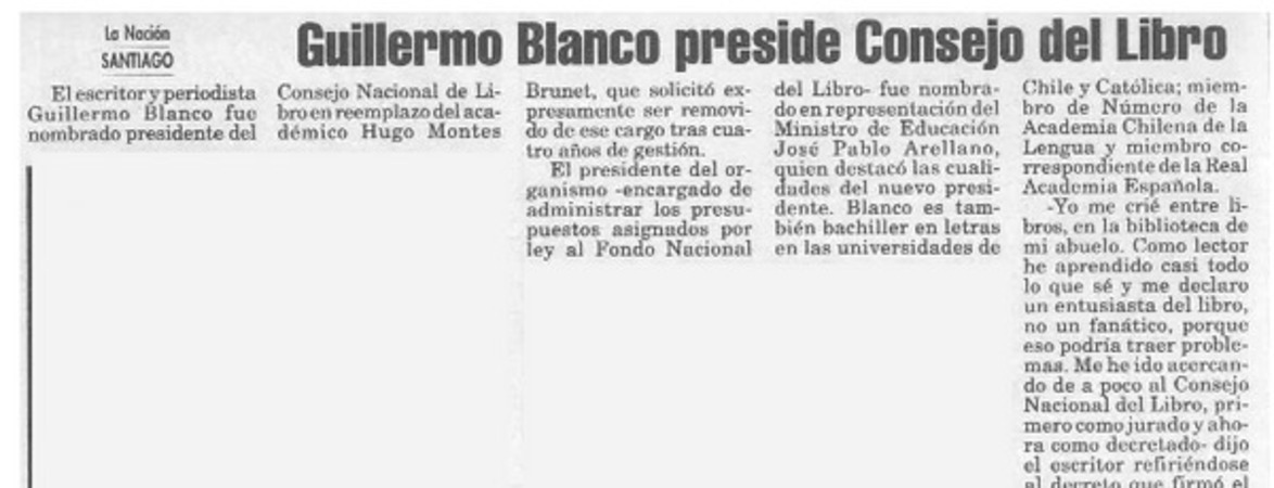 Guillermo Blanco preside Consejo del libro  [artículo].
