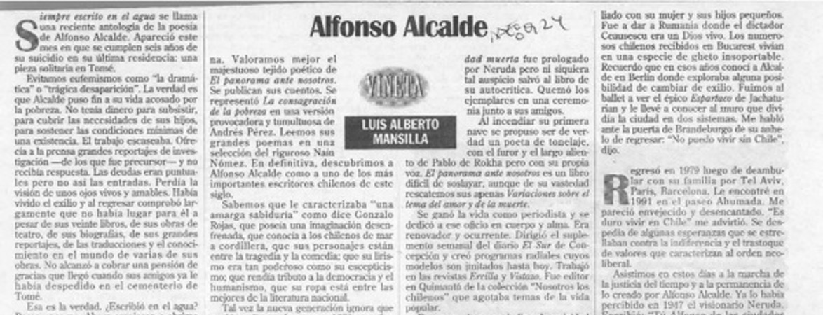 Alfonso Alcalde  [artículo] Luis Alberto Mansilla.
