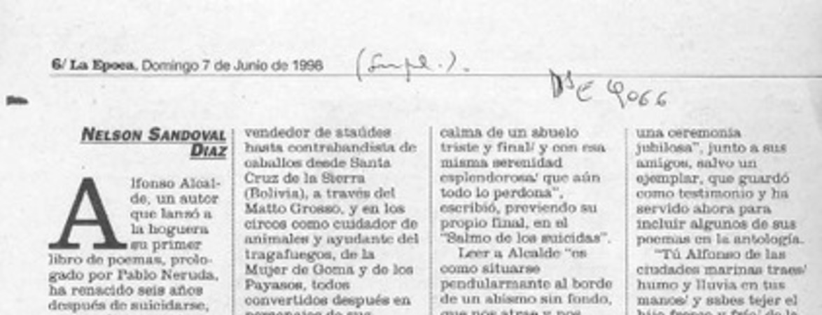 Regreso de Alfonso Alcalde  [artículo] Nelson Sandoval Díaz.