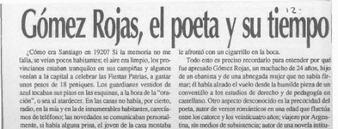 Gómez Rojas, el poeta y su tiempo  [artículo] Luis Merino Reyes.