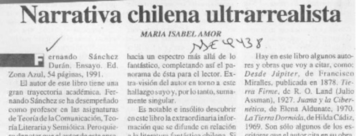 Narrativa chilena ultrarrealista  [artículo] Marís Isabel Amor.