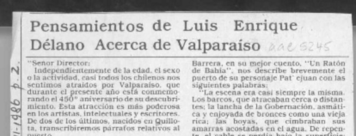 Pensamientos de Luis Enrique Délano acerca de Valparaíso  [artículo] Augusto Poblete Solar.