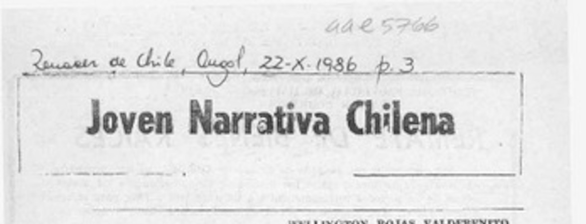 Joven narrativa chilena  [artículo] Wellington Rojas Valdebenito.