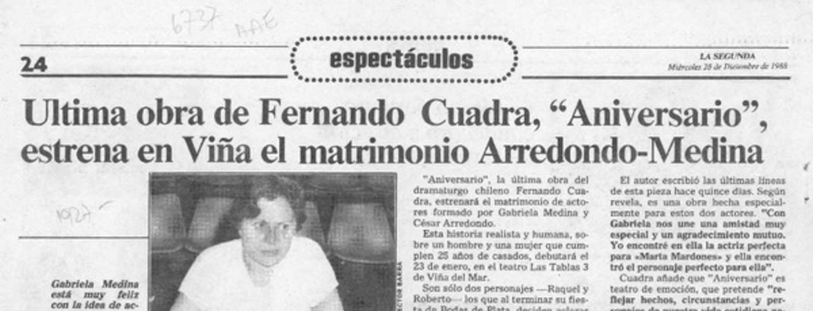Ultima obra de Fernando Cuadra, "Aniversario", estrena en Viña el matrimonio Arredondo-Medina