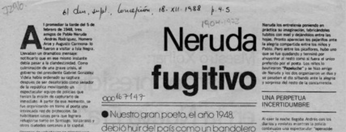 Neruda fugitivo  [artículo] Alfonso Alcalde.