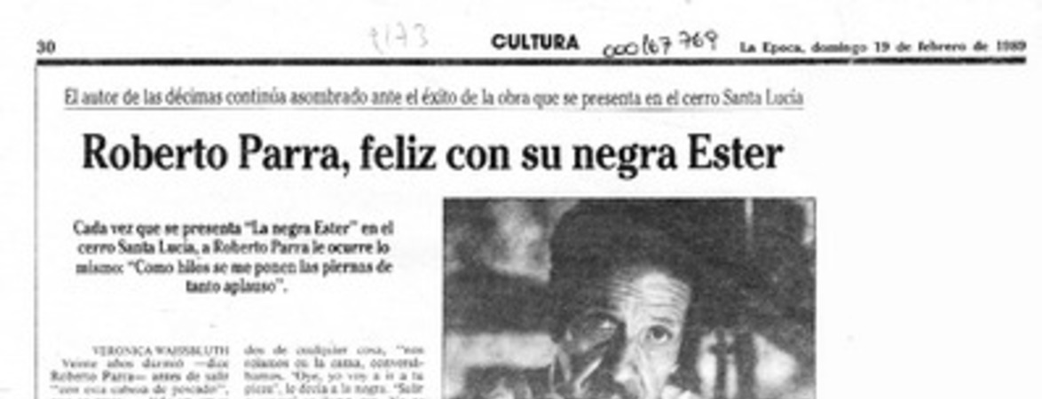 Roberto Parra, feliz con su negra Ester  [artículo] Verónica Waissbluth.