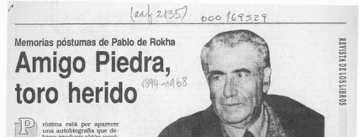 Amigo piedra, toro herido  [artículo] Marcelo Mendoza Prado.
