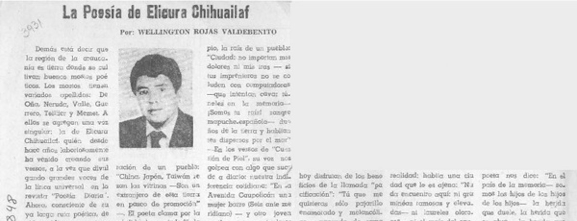 La poesía de Elicura Chihuailaf  [artículo] Wellington Rojas Valdebenito.