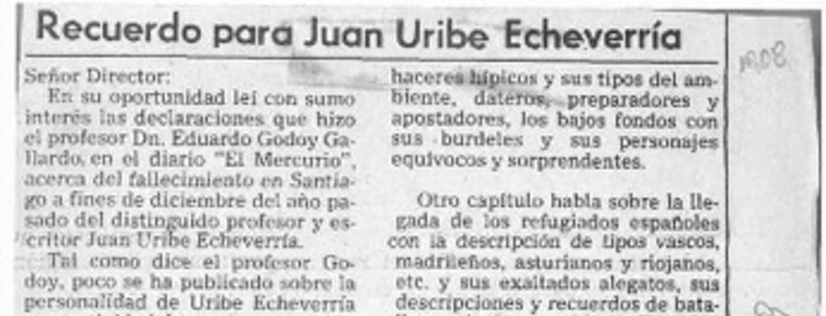 Recuerdo para Juan Uribe Echevarría  [artículo] René Tornero.
