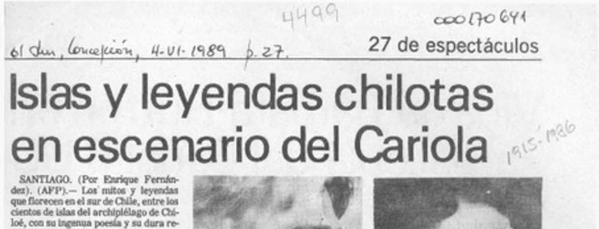 Islas y leyendas chilotas en escenario del Cariola  [artículo] Enrique Fernández.
