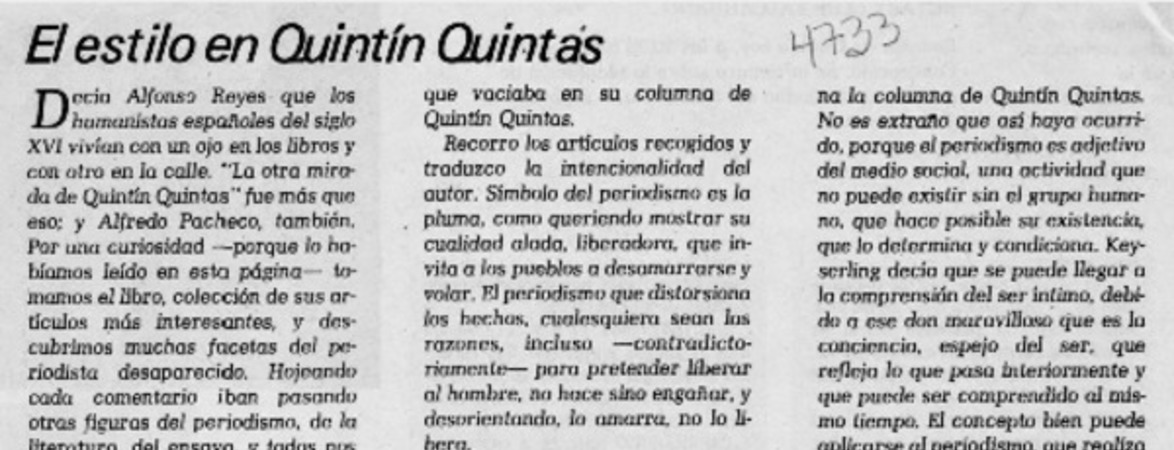 El estilo en Quintín Quintas  [artículo] S.