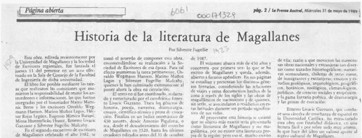 Historia de la literatura de Magallanes  [artículo] Silvestre Fugellie.