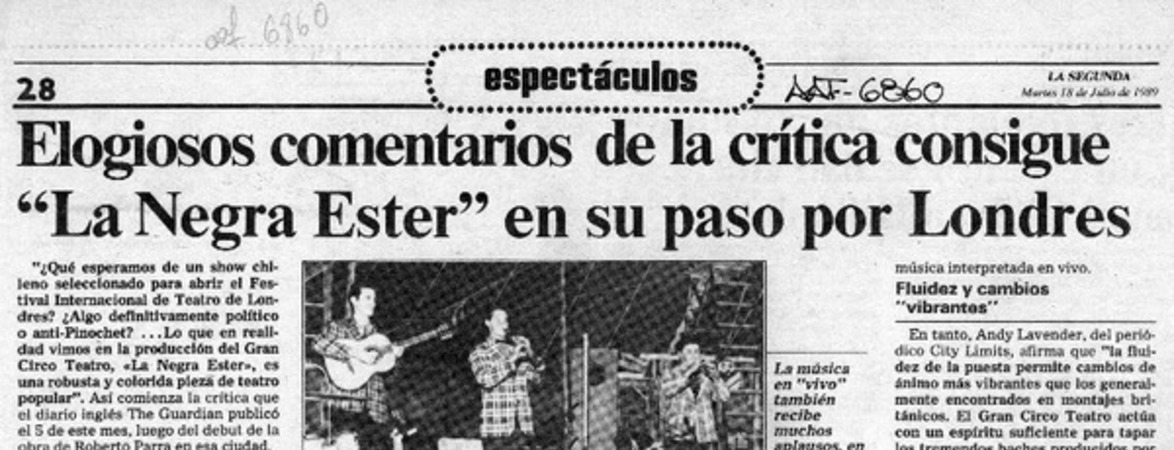 Elogiosos comentarios de la crítica consigue "La negra Ester" en su paso por Londres  [artículo].