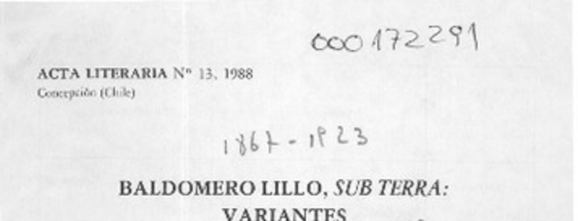 Baldomero Lillo, Sub Terra, variantes  [artículo] Dieter Oelker.