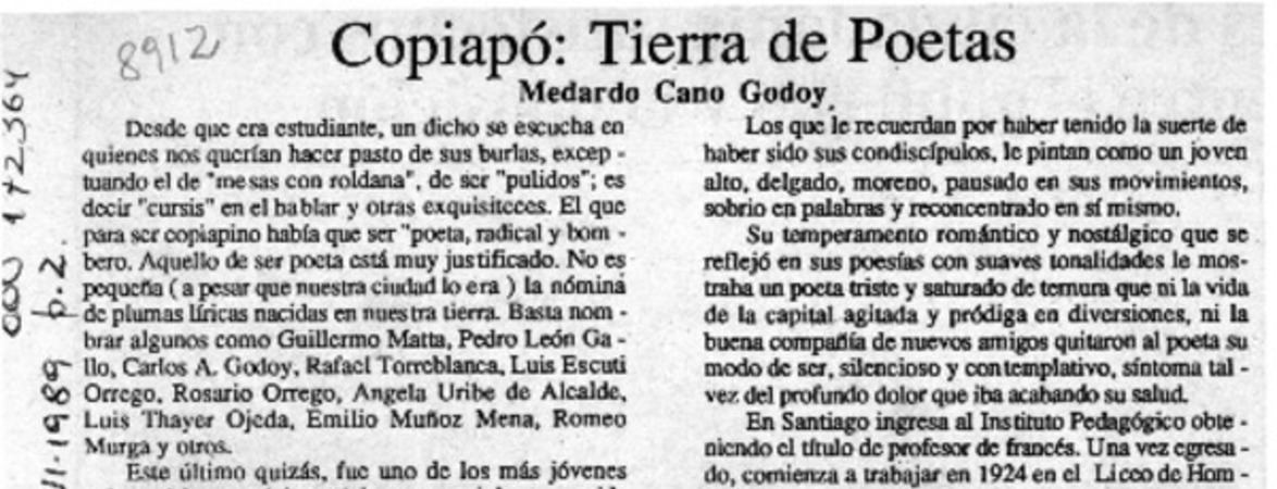Copiapó, tierra de poetas  [artículo] Medardo Cano Godoy.