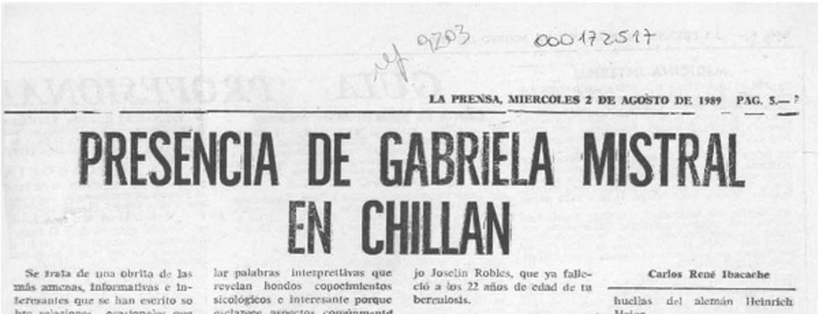 Libro sobre Gabriela Mistral  [artículo] Adolfo Schwarzenberg.