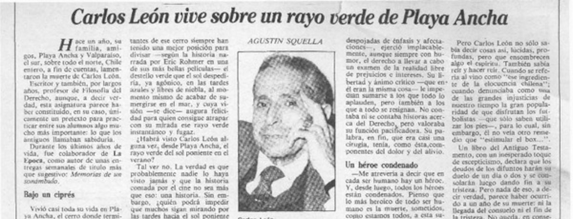 Carlos León vive sobre un rayo verde de Playa Ancha  [artículo] Agustín Squella.