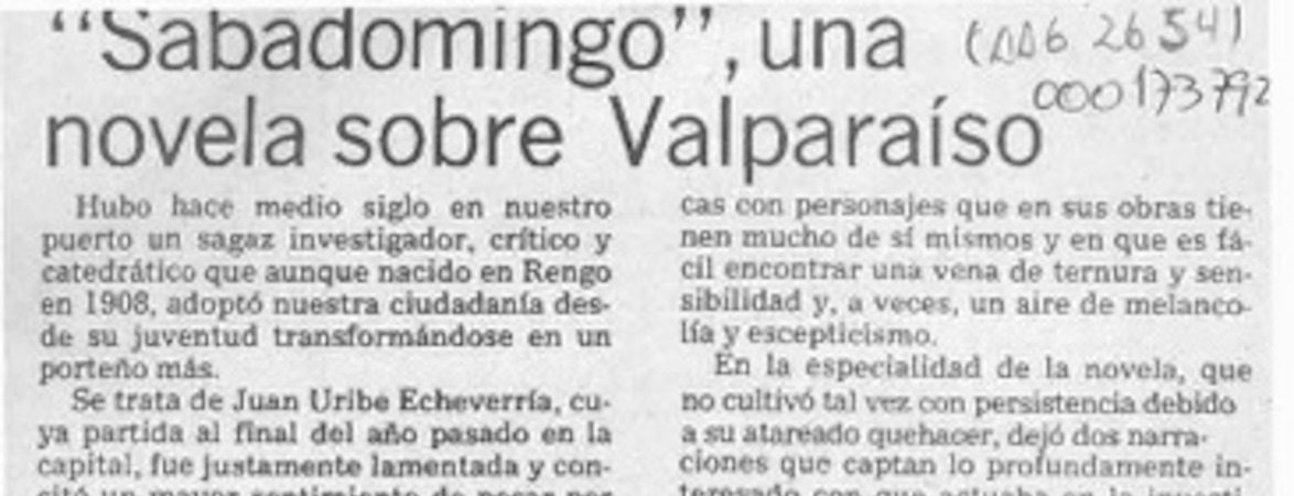 "Sabadomingo", una novela sobre Valparaíso  [artículo] L. R.