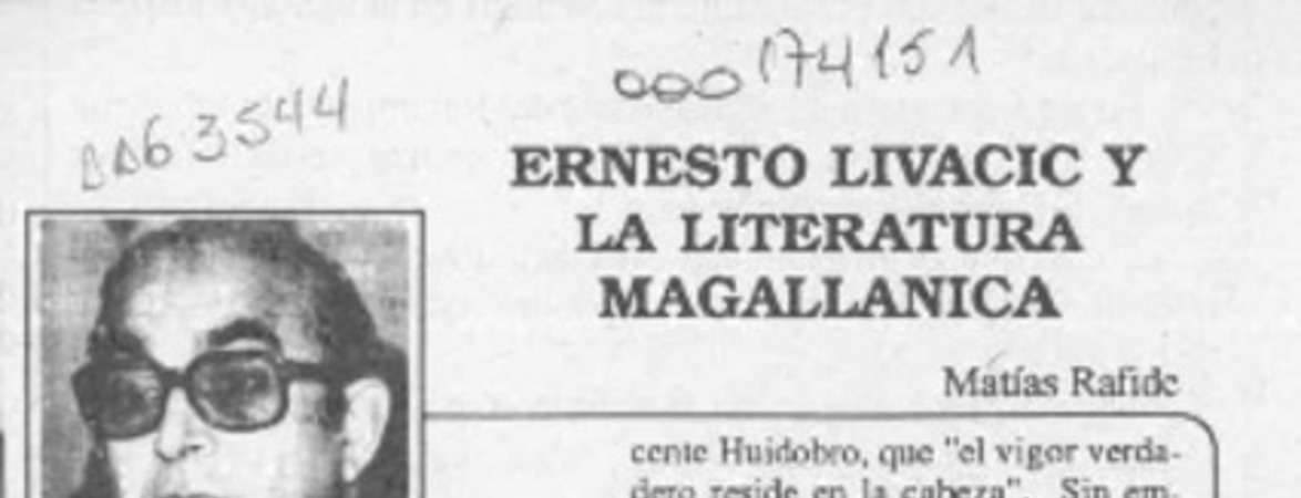 Ernesto Livacic y la literatura magallánica  [artículo] Matías Rafide.