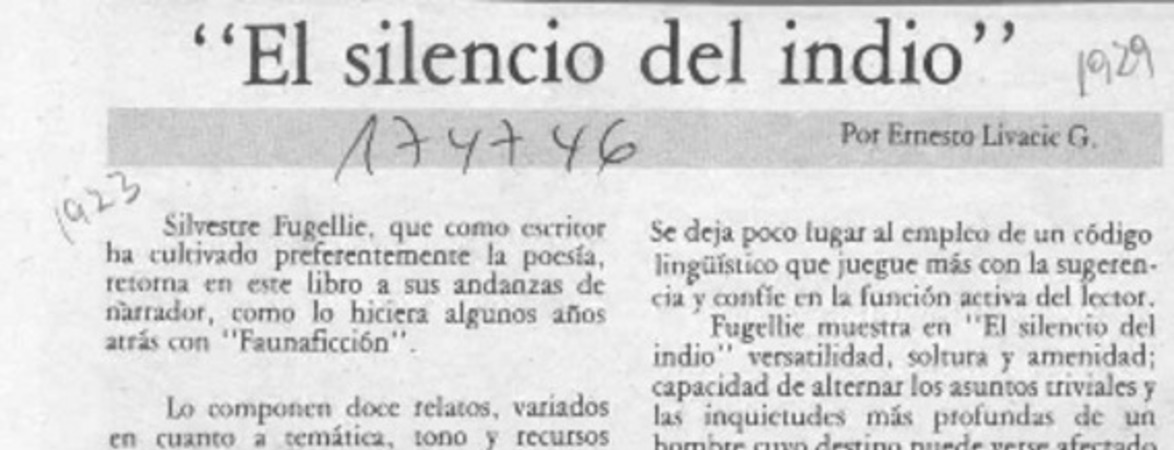 "El silencio del indio"  [artículo] Ernesto Livacic G.
