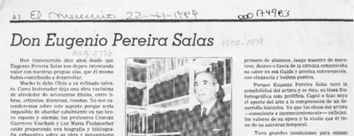 Don Eugenio Pereira Salas  [artículo] Regina Claro Tocornal.