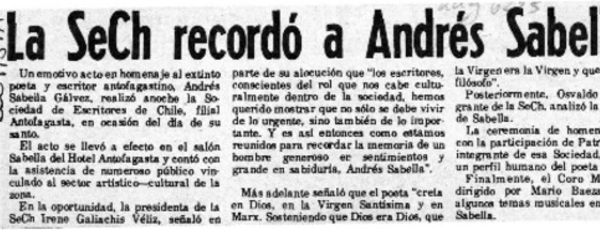 La SECH recordó a Andrés Sabella  [artículo].