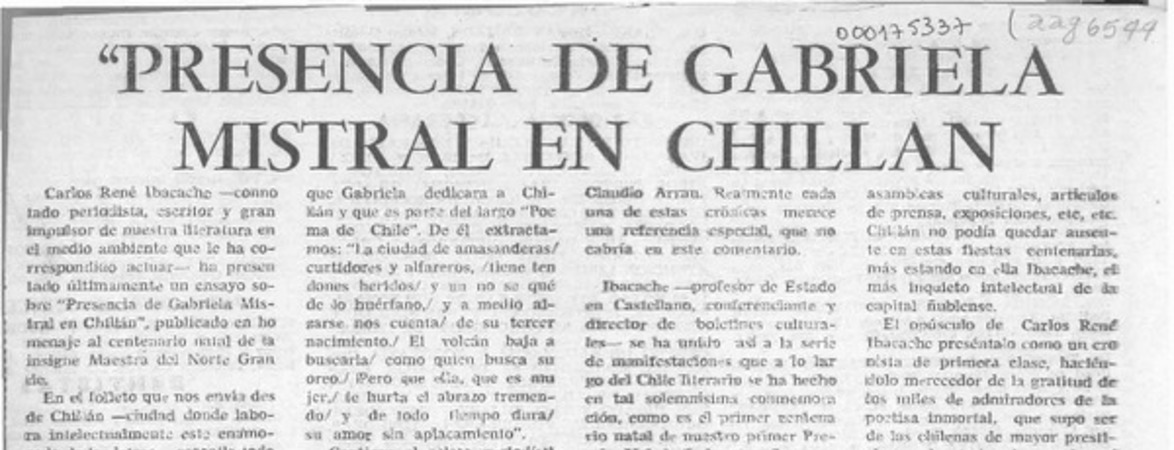 "Presencia de Gabriela Mistral en Chillán"  [artículo] José Arraño Acevedo.