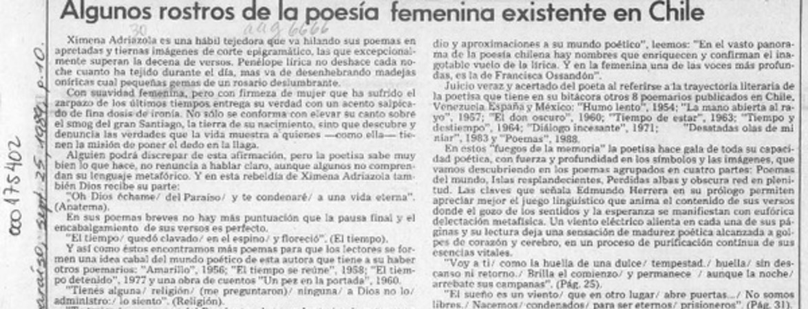 Algunos rostros de la poesía femenina existente en Chile  [artículo] Pedro Mardones Barrientos.
