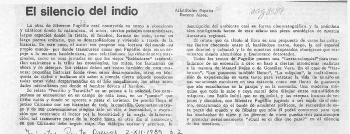 El silencio del indio  [artículo] Aristóteles España.