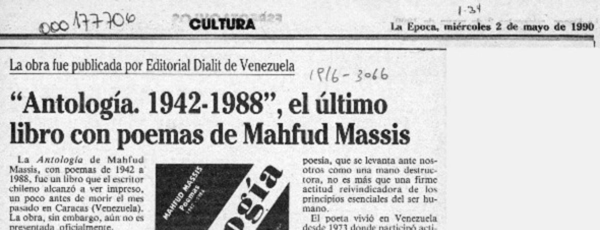 "Antología, 1942-1988", el último libro con poemas de Mahfud Massis