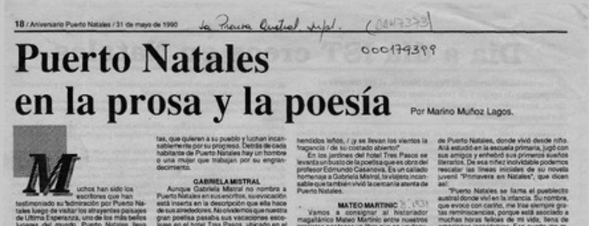 Puerto Natales en la prosa y la poesía  [artículo] Marino Muñoz Lagos.